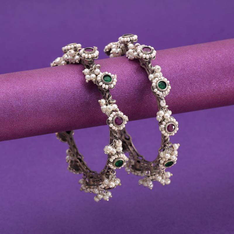 Pink & green color two tone oxidised openable bangles