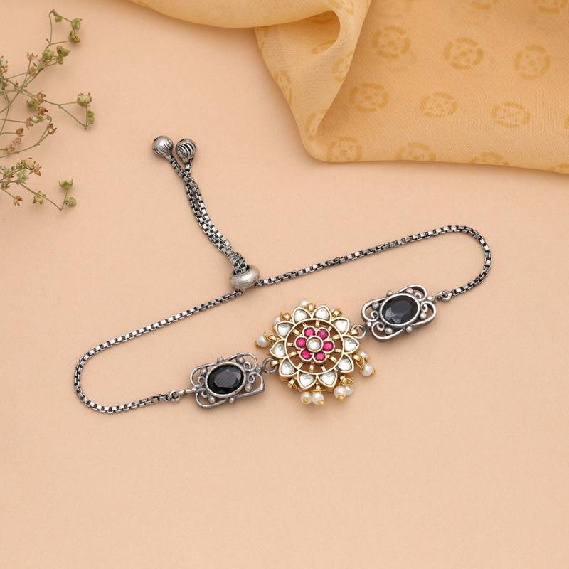 Pink & black color two tone oxidised adjustable bracelet