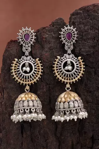 Pink color dual tone oxidised jhumka earrings