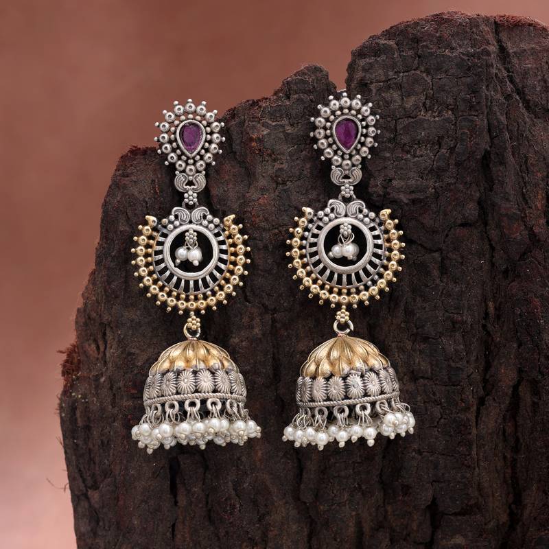 Pink color dual tone oxidised jhumka earrings