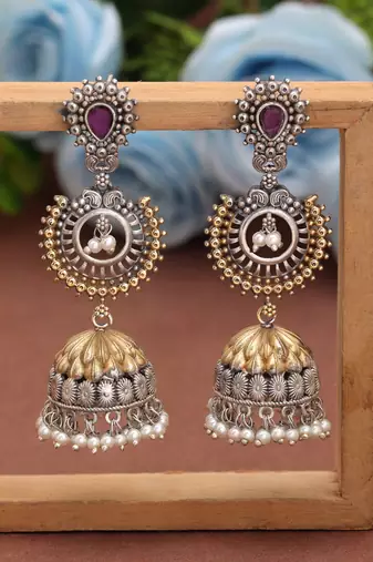 Pink color dual tone oxidised jhumka earrings