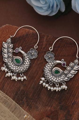 Pink & green color silver tone oxidised hoop earrings
