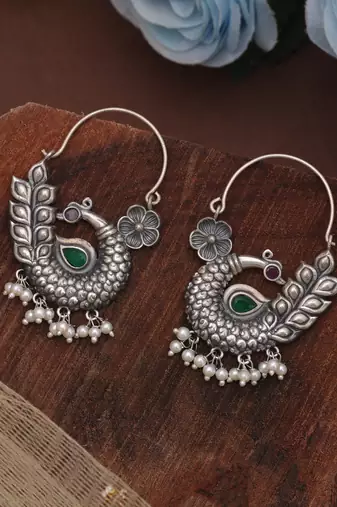 Pink & green color silver tone oxidised hoop earrings