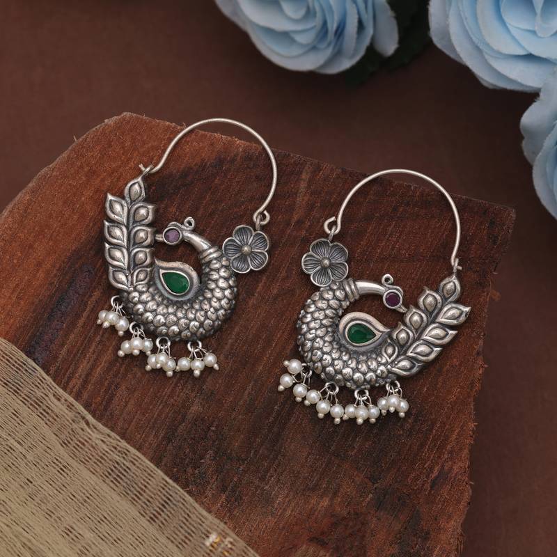 Pink & green color silver tone oxidised hoop earrings