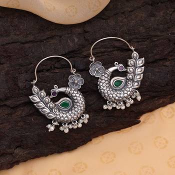 Pink & green color silver tone oxidised hoop earrings 2