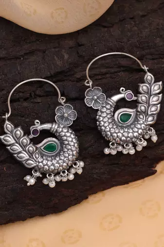 Pink & green color silver tone oxidised hoop earrings