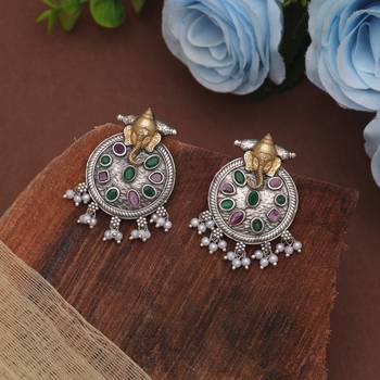 Pink & green color dual tone oxidised earrings 1