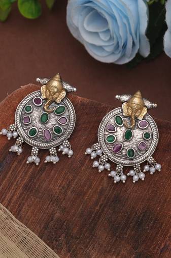 Pink & green color dual tone oxidised earrings
