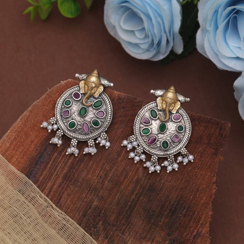 Pink & green color dual tone oxidised earrings