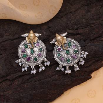 Pink & green color dual tone oxidised earrings 2