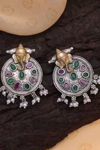 Pink & green color dual tone oxidised earrings