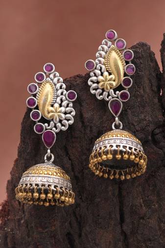 Pink color dual tone oxidised jhumka earrings