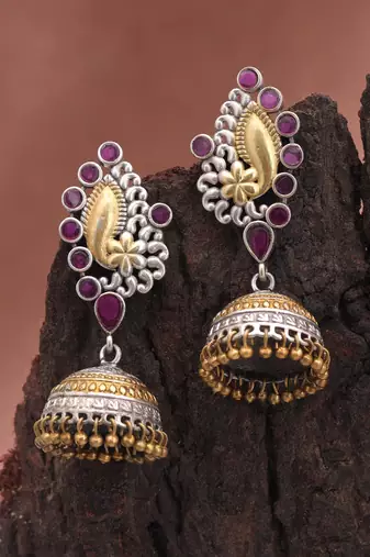 Pink color dual tone oxidised jhumka earrings