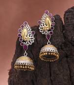 Pink color dual tone oxidised jhumka earrings