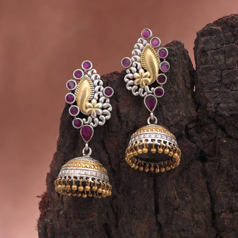 Pink color dual tone oxidised jhumka earrings