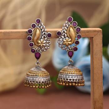 Pink color dual tone oxidised jhumka earrings 2