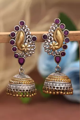 Pink color dual tone oxidised jhumka earrings