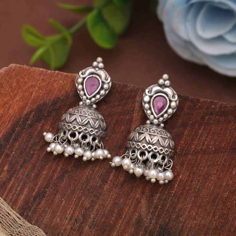 Pink color traditional oxidised dangle earrings