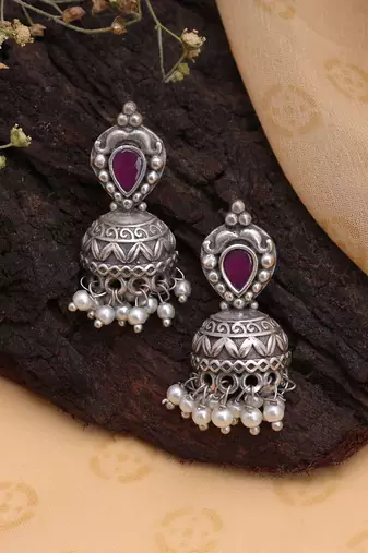 Pink color traditional oxidised dangle earrings