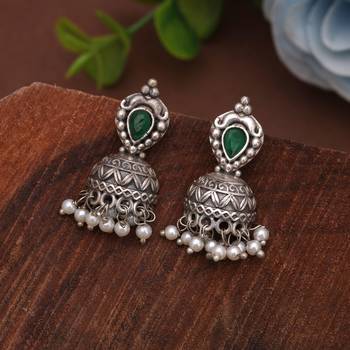 Green color silver plated oxidised dangle earrings 1