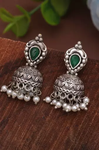 Green color silver plated oxidised dangle earrings