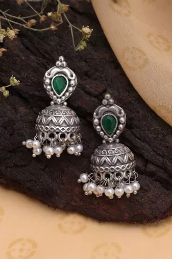 Green color silver plated oxidised dangle earrings