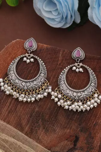 Pink color dual tone oxidised dangle earrings