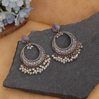 Pink color dual tone oxidised dangle earrings 2