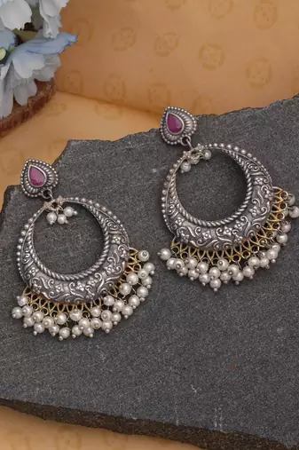 Pink color dual tone oxidised dangle earrings