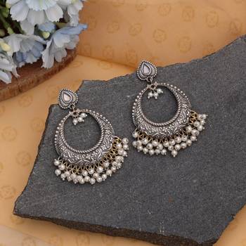 White color dual tone oxidised dangle earrings 2