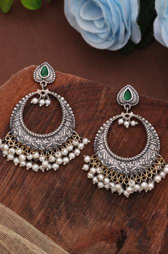 Green color dual tone oxidised dangle earrings