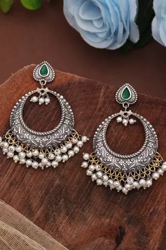 Green color dual tone oxidised dangle earrings