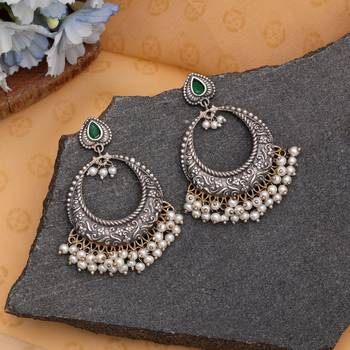 Green color dual tone oxidised dangle earrings 2