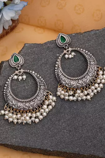 Green color dual tone oxidised dangle earrings