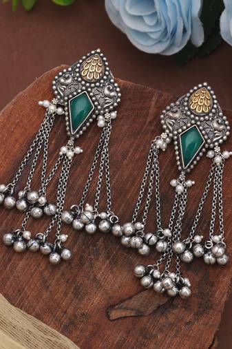 Green color dual tone oxidised dangle earrings