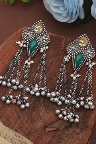 Green color dual tone oxidised dangle earrings