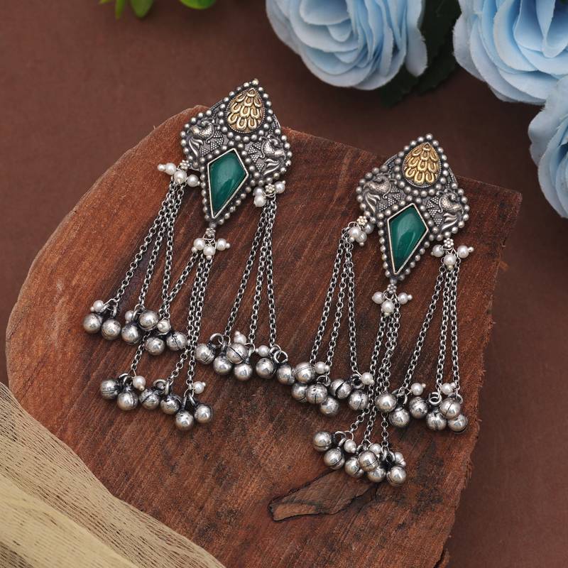 Green color dual tone oxidised dangle earrings