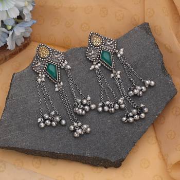 Green color dual tone oxidised dangle earrings 2
