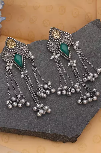 Green color dual tone oxidised dangle earrings