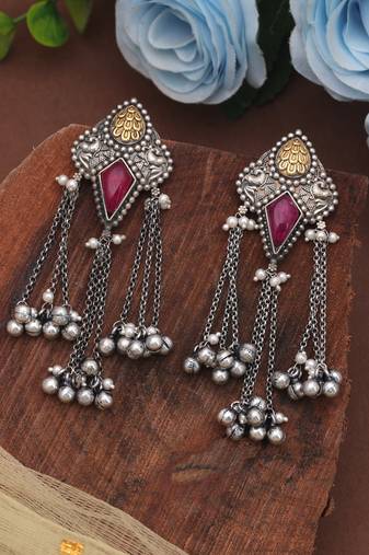 Pink color dual tone oxidised dangle earrings