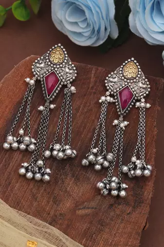 Pink color dual tone oxidised dangle earrings