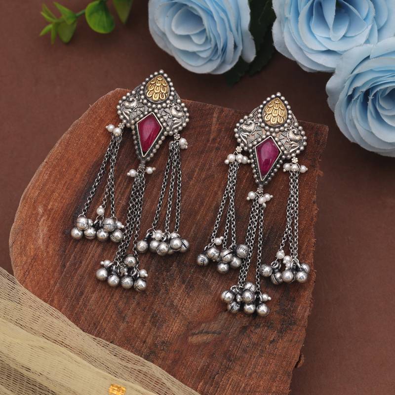 Pink color dual tone oxidised dangle earrings