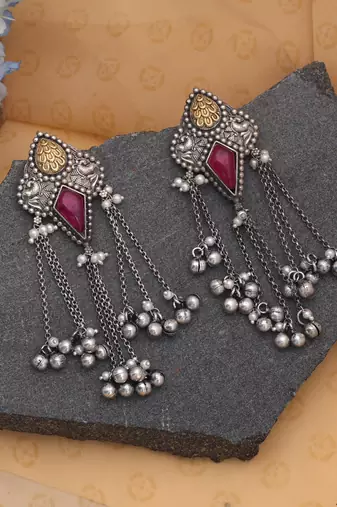 Pink color dual tone oxidised dangle earrings
