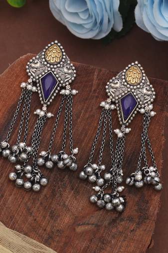 Blue color dual tone oxidised dangle earrings