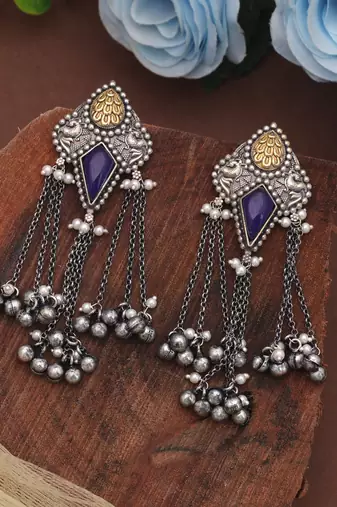 Blue color dual tone oxidised dangle earrings