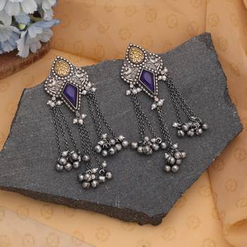 Blue color dual tone oxidised dangle earrings 2