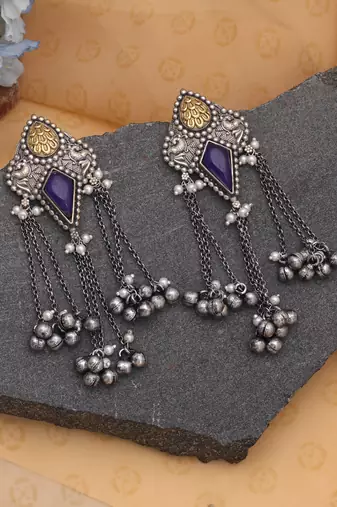Blue color dual tone oxidised dangle earrings