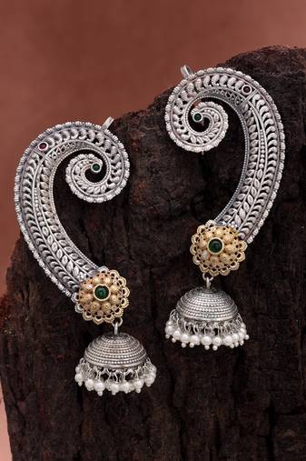 Green color dual tone oxidised earrings cuff