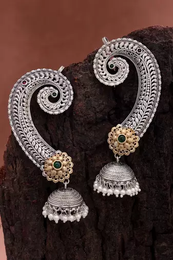 Green color dual tone oxidised earrings cuff
