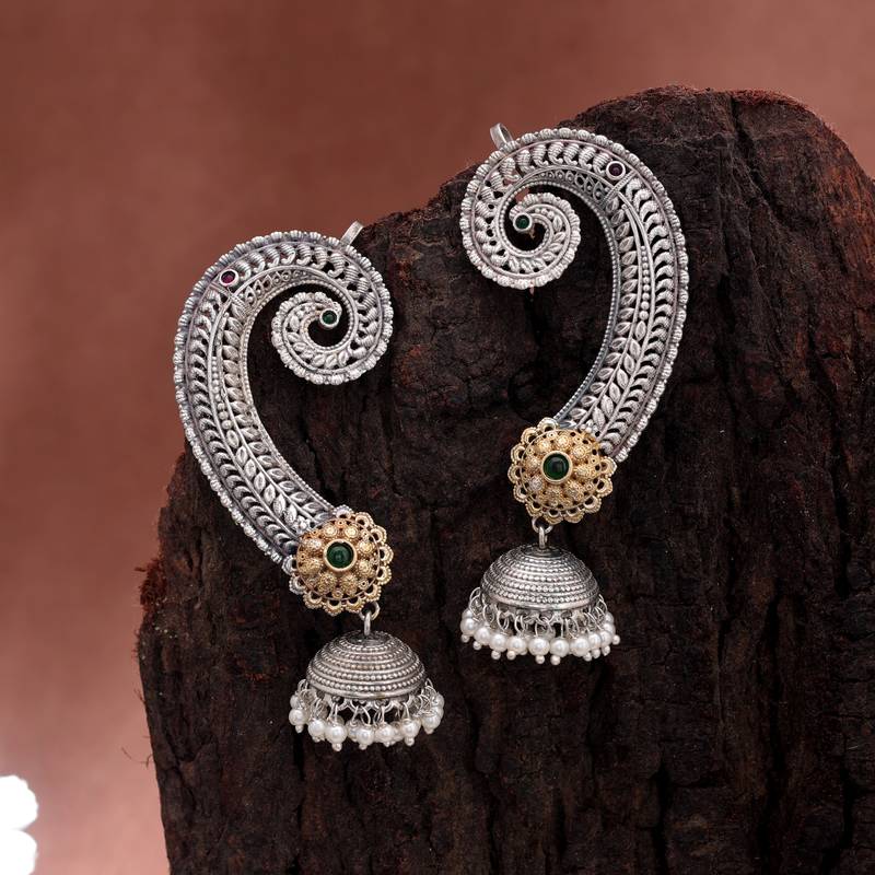 Green color dual tone oxidised earrings cuff